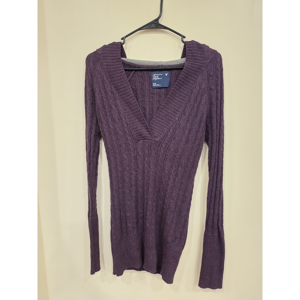 American Eagle Purple Hooded Cable Knit Sweater Womens Medium Elena Gilbert